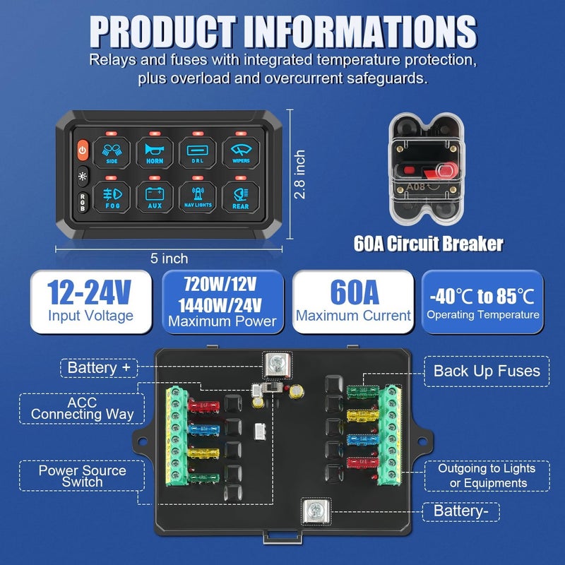 KISLED 8 Gang Switch Panel with RGB Button and Brightness Button for 5-Level Brightness Universal Automotive Circuit Control Relay Car Touch LED System Box, 2 Years Warranty - Image 4